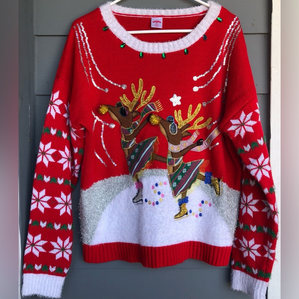 Holiday Time Ugly Sweater Ice Skating Red,Green, Reindeer Design Large 12-14 - Picture 11 of 12